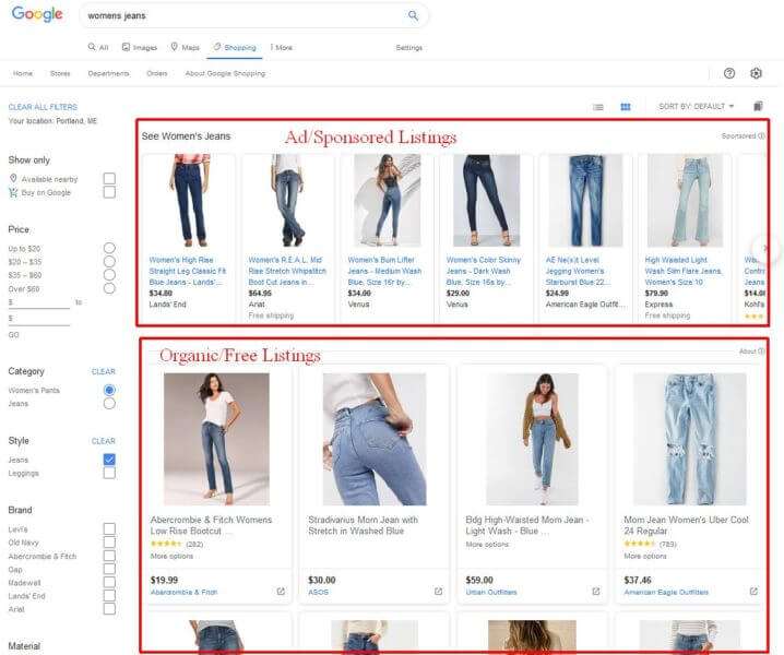 Voorbeeld van tabblad Google shopping
